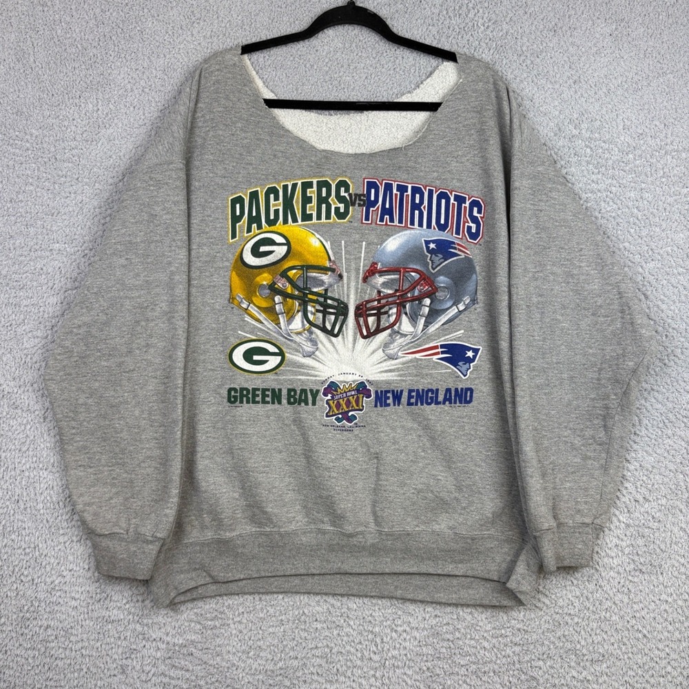 Vintage Packers Mens 2XL Gray Super Bowl XXXI Patriots 1997 Cut NFL Sweatshirt